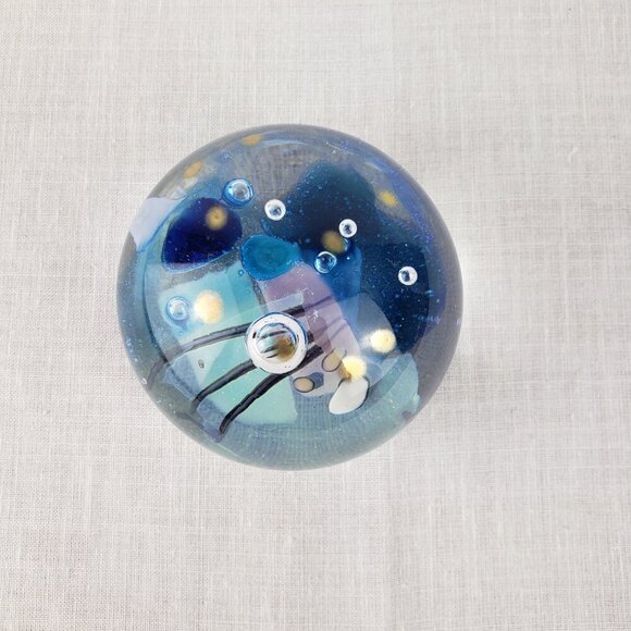 Spherical Art Glass Paperweight Controlled Bubbles Blue Pink Abstract Signed - Picture 5 of 7